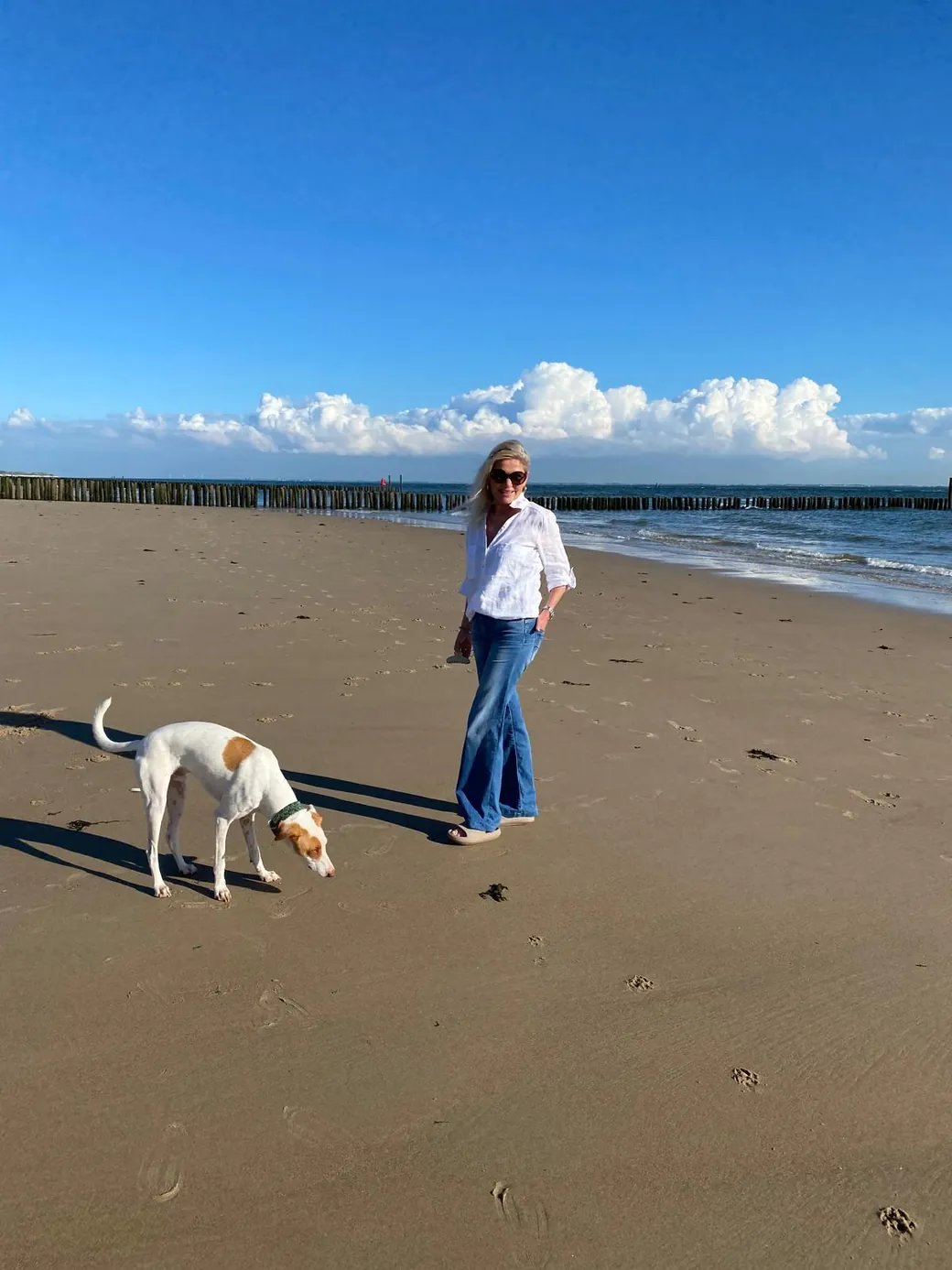 Ulrike von den Driesch beim Spaziergang mit ihrem Hund am Strand